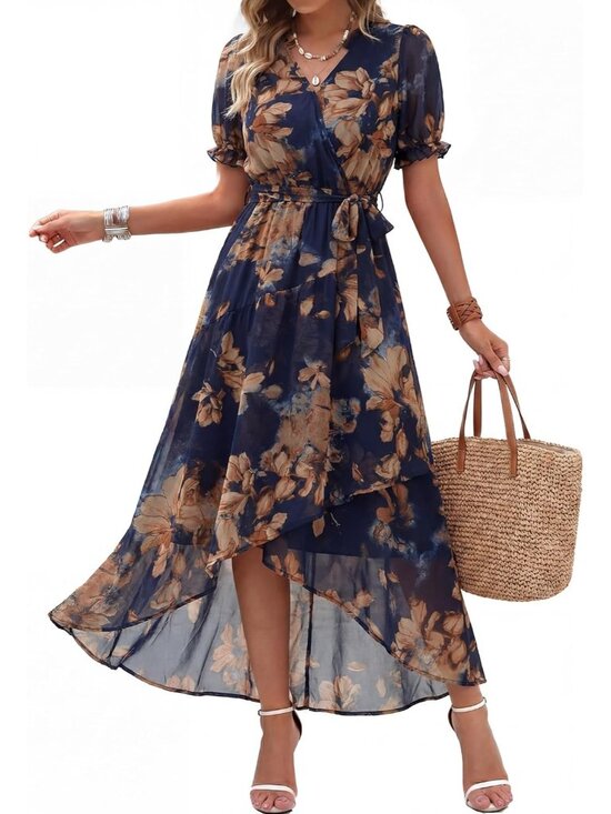 Dresses & Skirts - Women's Floral Navy Blue Puff Sleeve Ruffle Chiffon Imported Beach Maxi Dress